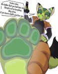 2023 4_toes anthro barefoot black_body black_clothing black_fur breasts brown_clothing cheek_tuft clothing corazon_tea digital_drawing_(artwork) digital_media_(artwork) dipstick_tail dominant dominant_anthro dominant_female english_text eyelashes eyewear eyewear_on_head facial_tuft feet felid feline felis female female_anthro first_person_view foot_fetish foot_focus freedom_planet fur galaxytrail goggles goggles_on_head green_body green_fur green_pawpads gun hand_on_hip hi_res holding_firearm holding_gun holding_object holding_ranged_weapon holding_weapon inner_ear_fluff jacket jumpsuit low-angle_view mammal markings medium_breasts multicolored_body multicolored_fur musk musky_feet narrowed_eyes p4wsized pawpads paws plantigrade pupils ranged_weapon slit_pupils smile smirk soles solo stepping_on_viewer tail tail_markings talking_to_viewer teeth text toes topwear tuft two_tone_body two_tone_fur weapon wildcat yellow_eyes
