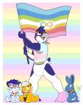  anthro avian beak black_eyebrows blue_body blue_clothing blue_head_tuft blue_shirt blue_t-shirt blue_tail blue_topwear clothing diaper eyebrows eyewear flag front_view glasses glistening glistening_eyes grey_beak happy head_tuft hi_res jaqrabbit_(artist) lgbt_pride looking_up male neckerchief open_mouth pattern_background pink_clothing pink_shirt pink_t-shirt pink_topwear plushie pride_colors red_tongue shirt simple_background solo standing striped_background t-shirt tongue topwear tuft wearing_diaper white_body white_diaper white_tail 