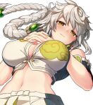  1girl asymmetrical_hair blush braid breasts cleavage cleavage_cutout clothing_cutout cloud_print hair_ornament interlocked_fingers kantai_collection large_breasts long_hair looking_at_viewer navel own_hands_together single_braid smile solo stomach tsukinami_kousuke unryuu_(kancolle) upper_body very_long_hair wavy_hair white_hair yellow_eyes 