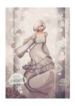  1girl :d border breasts detached_sleeves dress grey_background grey_dress grey_eyes grey_theme hair_over_one_eye highres jellyfish long_hair long_sleeves looking_at_viewer mercury_(planet) mermaid monster_girl ponlichard sleeves_past_fingers sleeves_past_wrists small_breasts smile solo white_hair 