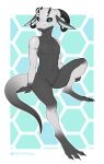  absurd_res ambiguous_gender anthro black_sclera blue_eyes claws dark_body fangs hi_res horn kobold lizard looking_at_viewer nude reptile scalie signature simple_background slit solo w4g4 white_body 