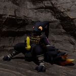1:1 3d_(artwork) absurd_res anthro armor balls bandage bandaged_arm bandaged_leg black_body black_fur blender_(artwork) burtrevolution canid canine casualties:_unknown cave clothed clothing digital_media_(artwork) english_text expie_(gunsawian) fur genitals gunsawian hi_res knot leg_pouch looking_at_genitalia looking_at_own_penis looking_at_penis looking_at_self male mammal masturbation orange_body orange_fur partially_clothed penis penis_grab sitting solo text topwear vest