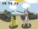 4:3 ak-47 ak_platform anthro armband assault_rifle bottomwear brutus_airsoft canid canine canis chloe_briggs_(brutusairsoft) clothed clothing cold_war desert domestic_dog duo felid female gun hi_res holster m16 m60_(tank) mammal nude_anthro pantherine ranged_weapon rifle russian sarah_marcotte shiba_inu shorts skimpy snow_leopard soviet_union spitz t-72 tank_(vehicle) united_states_of_america vehicle weapon