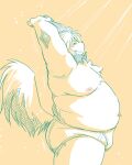  2022 anthro belly big_belly book_whitener bulge butt canid canine canis clothing domestic_dog eyes_closed kemono male mammal monochrome_(series) moobs nipples overweight overweight_male solo stretching takagi_kyou underwear 