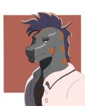 absurd_res anthro clothing echo_(game) echo_(series) echo_project flynn_moore gila_monster green_eyes hair helodermatid hi_res highlights_(coloring) lizard male nodzire orange_highlights purple_hair reptile scalie shirt simple_background solo topwear unbuttoned_shirt
