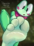3:4 4_toes amphibian anthro blurred_background blush countershade_face countershade_feet countershade_torso countershading feet female foot_fetish foot_focus frog glitch_productions green_body hi_res humanoid_feet looking_down low-angle_view open_mouth plantigrade raised_foot raised_leg ribbit_(tadc) sinister_cherry solo the_amazing_digital_circus toes watermark