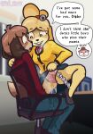 absurd_res accessory animal_crossing anthro at_work blackmail blouse blush bodily_fluids bottomwear brother_(lore) brother_and_sister_(lore) brown_body brown_eyes brown_fur bullying canid canine canis chair clothing crazy_eyes desk dialogue digby_(animal_crossing) domestic_dog dominant dominant_female duo english_text female footwear fur furniture genital_fluids girl_poss hair_accessory hi_res humiliation incest_(lore) insane isabelle_(animal_crossing) jacket lottie_(animal_crossing) male male/female mammal nintendo office panties pants peeing peeing_on_another peeing_on_furniture peeing_through_clothing peeing_through_panties pumps sabotage shih_tzu shoes sibling_(lore) sister_(lore) sister_dom_brother_sub skirt sound_effects speech_bubble stained_clothing stained_underwear story story_at_source story_in_description string_bow submissive submissive_male table text topwear toy_dog twincest_(lore) twins_(lore) underwear urine watersports wetting yandere yellow_body yellow_fur