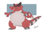 2026 anthro belly big_belly canson claws fangs generation_5_pokemon hi_res krookodile male mouth_closed nintendo nude nude_anthro nude_male obese obese_anthro obese_male overweight overweight_anthro overweight_male pokemon pokemon_(species) scales scalie signature smile solo spread_arms standing tail teeth
