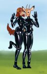 4_toes 5_fingers antelope anthro black_nose bovid breasts brown_body brown_fur brown_hair canid canine canis clothed clothed_anthro clothed_female clothing digitigrade domestic_dog duo dxm8 feet female female/female fingers fur gazelle grass hair hi_res hindpaw hooves horn humanoid_hands hunting_dog illumination_entertainment interspecies karen_(sing) latex latex_clothing latex_skinsuit mammal nipple_outline outside paws plant saluki sighthound sing_(movie) skinsuit smile standing suki_lane tail tan_body tan_fur teeth tight_clothing toes