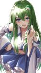  .me 1girl blue_eyes breasts cleavage collarbone commentary_request detached_sleeves frog_hair_ornament green_hair hair_between_eyes hair_ornament hand_on_hip highres kochiya_sanae large_breasts long_hair looking_at_viewer navel open_mouth simple_background snake_hair_ornament solo teeth touhou white_background wide_sleeves 