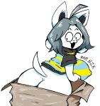 anthro big_breasts big_butt bnrnzk box breasts butt cardboard cardboard_box container female fur hi_res solo surprised temmie_(undertale) undertale undertale_(series) white_body white_fur