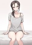  absurdres arm_support bed_sheet black_hair cameltoe collarbone expressionless feet_out_of_frame grey_panties grey_shirt hair_over_shoulder head_tilt highres idolmaster idolmaster_cinderella_girls knees_together_feet_apart looking_at_viewer no_pants panties rookie_trainer shirt side_ponytail single_bare_shoulder sitting trainer_(idolmaster) underwear ushimochi 