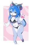 abstract_background absurd_res accessory ahoge anthro bear bikini black_bikini black_clothing black_swimwear blue_body blue_eyes blue_fur blue_hair border breasts clothing female fur gesture gloves_(marking) hair hair_accessory heart_pupils heart_symbol hi_res long_hair mammal markings multicolored_body multicolored_fur navel open_mouth open_smile pawpads pink_pawpads seuppi smile solo swimwear two-piece_swimsuit two_tone_body two_tone_fur waving waving_at_viewer white_body white_border white_fur