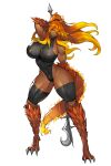  2022 2:3 absurd_res animal_humanoid big_breasts breasts brown_body brown_skin clothing female fire flaming_tail gurimjang hair hi_res humanoid legwear leotard melee_weapon orange_hair polearm scalie scalie_humanoid simple_background solo thick_thighs weapon white_background 