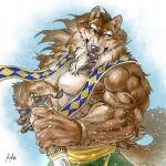 1:1 2026 5_fingers abs abstract_background action_pose anthro arms_bent big_muscles biped bottomwear brown_body brown_fur canid claws clothed clothing colored digital_drawing_(artwork) digital_media_(artwork) fangs fingers fluffy fluffy_tail fur green_bottomwear green_clothing green_eyes grey_pawpads half-length_portrait holding_melee_weapon holding_object holding_sword holding_weapon inner_ear_fluff line_art looking_aside male mammal mane melee_weapon mostly_nude multicolored_body multicolored_fur muscular muscular_arms muscular_male obliques open_mouth pawpads pecs pointy_ears portrait pose prick_ears riku_maeda scarf scarf_only shaded sharp_teeth signature simple_background snout snow snowing solo standing sword tail tan_body tan_fur teeth tongue topless tuft two_tone_body two_tone_fur ventral_groove weapon white_background white_claws wristband