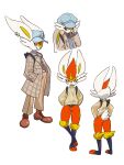 2024 3:4 ambiguous_anthro ambiguous_gender anthro arm_tuft belt_buckle blue_clothing brown_clothing buckle cheek_tuft cinderace clothing digital_drawing_(artwork) digital_media_(artwork) ear_piercing ears_down facial_tuft footwear full-length_portrait fur generation_8_pokemon grey_clothing hand_in_pocket hands_behind_back hat headgear headwear looking_at_viewer multiple_angles nintendo pattern_clothing pattern_topwear piercing pivoted_ears plaid plaid_clothing plaid_topwear platform_footwear platform_shoes pockets pokemon pokemon_(species) portrait pseudo_clothing red_body red_eyes red_fur shoes shoulder_tuft side_view smile solo sweater teeth_(artist) topwear tuft turtleneck white_body white_fur yellow_body yellow_fur