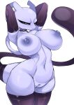  2022 absurd_res anthro areola arm_warmers armwear ashraely big_areola big_breasts breasts clothing curvy_figure female genitals hands_behind_head hi_res huge_areola huge_breasts huge_nipples legendary_pok&eacute;mon legwear looking_at_viewer mewtowo_(shadman) mewtwo mostly_nude navel nintendo nipples nude pok&eacute;mon pok&eacute;mon_(species) pussy raised_arms simple_background solo thick_thighs thigh_highs video_games voluptuous white_background wide_hips 