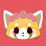 1:1 2018 aggretsuko ailurid ambiguous_form artist_name beady_eyes black_eyes black_nose brown_inner_ear brown_markings cheek_tuft circle_eyebrows digital_drawing_(artwork) digital_media_(artwork) dotted_background english_description eyebrows eyelashes facial_markings facial_tuft female flower flower_crown front_view fur head_markings headshot_portrait heart_symbol light lighting looking_at_viewer mammal markings multicolored_body multicolored_fur open_mouth open_smile orange_body orange_fur pattern_background pink_rose plant portrait red_background red_panda retsuko rose_(flower) sanrio shianko simple_background smile smiling_at_viewer solo text tuft white_ears white_eyebrows white_markings