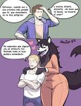 alexico_roadagain anthro big_breasts big_tail black_body black_fur black_hair blonde_hair bodysuit bone breasts brown_hair canid canine canis chest_tuft cleavage clothed clothing comic crossed_arms dialogue empty_eyes eyelashes female female_anthro fur grey_background group hair half-closed_eyes heart_symbol hearts_around_head hi_res human larger_anthro larger_female male male_human malo mammal narrowed_eyes open_mouth orange_bodysuit orange_clothing orange_skinsuit purple_background scp-1471-a scp_foundation shirt simple_background size_difference skinsuit skull skull_head smile spanish_text tail text tight_clothing topwear translated trio tuft white_clothing white_shirt white_topwear wide_hips wolf