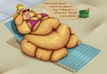 3_toes 4_fingers absurd_res animal_crossing anthro belly big_belly big_breasts bikini bikini_top black_nose blonde_hair blush bottomless breasts bucket canid canine canis chair cleavage clothed clothing container deep_navel dialogue domestic_dog english_text eyewear eyewear_on_head feet female fingers fur furniture glasses glasses_on_head hair hi_res huge_belly isabelle_(animal_crossing) lying mammal navel nintendo obese obese_anthro obese_female on_back open_mouth outside overweight overweight_anthro overweight_female pink_tongue rahiros sand shaded shovel sidewalk solo swimwear text toes tongue tools topwear topwear_only toy_dog two-piece_swimsuit under_boob yellow_body yellow_fur