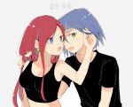  1boy 1girl :o atsumi_yoshioka bangs black_shirt blue_eyes blue_hair breasts collarbone commentary_request earrings green_eyes hair_between_eyes hand_up james_(pokemon) jessie_(pokemon) jewelry long_hair looking_at_viewer open_mouth pokemon pokemon_(anime) red_hair shirt short_hair short_sleeves sleeveless sleeveless_shirt t-shirt teeth tongue upper_body upper_teeth 