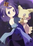  1girl 34_(sanjushi) :3 acerola_(pokemon) armlet closed_mouth dress flipped_hair hair_ornament highres looking_at_viewer pokemon pokemon_(creature) pokemon_(game) pokemon_sm purple_eyes purple_hair short_hair short_sleeves smile 