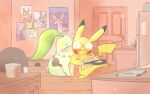 16:10 2025 ambiguous_gender anthro appliance apron apron_only belt belt_only belt_pouch blep blush blush_lines bodily_fluids chikorita clothing container cooking cookware cup digitigrade door door_handle duo eevee eeveelution egg espeon eyelashes eyes_closed female feral floor flying_sweatdrops fridge fried_egg frying_pan furniture generation_1_pokemon generation_2_pokemon green_body heart_emanata heart_symbol holding_frying_pan inside kiss_on_cheek kissing kitchen_appliance kitchen_utensils leaf leaf_hair male mouse_hole nintendo on_one_leg onomatopoeia picture_frame pikachu plant plant_hair pointed_tail pokemon pokemon_(species) poster pseudo_hair pupils sitting sitting_on_ground small_pupils small_tail sound_effects standing sweat sweatdrop table tail text text_on_apron text_on_clothing tongue tongue_out tools vaporeon warm_colors widescreen wood wood_floor yellow_body zurodoro