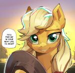 applejack_(mlp) backlighting clothing colored dialogue earth_pony english_text equid equine female feral friendship_is_magic green_eyes hasbro hat headgear headwear holding_clothing holding_hat holding_headgear holding_headwear holding_object horse light lighting mammal miscuitsxd my_little_pony outside pony smile solo talking_to_viewer text town western