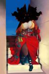 2026 5_fingers absurd_res anthro belt belt_pouch big_breasts big_ears biped black_body black_fur black_sclera boots breasts canid canine cheek_tuft cleavage_cutout clothed clothing colored curvy_figure cutout delphox detailed_background digital_media_(artwork) dress facial_tuft female female_anthro fingers footwear front_view full-length_portrait full_cleavage fully_clothed fur generation_6_pokemon glowing glowing_eyes hi_res huge_breasts humanoid_hands inner_boob inner_ear_fluff lidded_eyes light lighting looking_at_viewer mammal multicolored_body multicolored_fur nintendo nipple_outline pokemon pokemon_(species) pokemorph portrait pupils red_clothing red_dress red_eyes red_nose sarifairy shaded shadowed_face shoes signature slit_pupils solo stairs standing tassels thick_thighs tuft voluptuous white_body white_fur wide_hips yellow_body yellow_fur