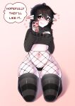  &lt;3 belly belly_blush black_eyes black_hair blush blush_lines body_blush clothing crop_top ear_blush elf female fishnet fishnet_clothing fishnet_legwear fishnet_thigh_highs footwear hair hi_res humanoid humanoid_genitalia humanoid_pointy_ears legwear navel pattern_clothing pattern_footwear pattern_legwear pattern_socks pattern_stockings pink_blush selfie shirt socks solo speech_bubble stockings striped_clothing striped_footwear striped_legwear striped_socks striped_stockings stripes taking_picture text text_on_clothing text_on_topwear thigh_highs topwear tserera vampire white_body white_skin 