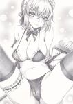  1girl artoria_pendragon_(fate) bikini black_thighhighs bow breasts choker cleavage fate/stay_night fate_(series) graphite_(medium) headdress looking_at_viewer m_legs mikuro monochrome mop saber short_hair solo spread_legs swimsuit thighhighs traditional_media 