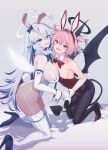  2girls angel_wings animal_ears ass bare_shoulders black_pantyhose blue_eyes bow bowtie breast_press breasts collar demon_girl demon_tail demon_wings elbow_gloves fangs feathered_wings gloves halo high_heels highres holding_hands kneeling large_breasts leotard looking_at_viewer multiple_girls original pantyhose pink_eyes pink_hair playboy_bunny rabbit_ears rabbit_tail red_hair red_leotard seductive_smile sideboob skindentation small_breasts smile tail thighhighs thighs tokiti white_gloves white_hair white_leotard white_thighhighs wings 