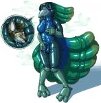 a_guy_somewhere animal_mask animate_inanimate anthro avian balls beak beak_mask bird blue_latex bodily_fluids bodysuit breasts canid canine chastity_cage chastity_device clothing drooling duo galliform gas_mask genitals green_latex gynomorph gynomorph/male gynomorph_anthro hi_res intersex intersex/male intersex_anthro knock-kneed latex latex_body latex_bodysuit latex_clothing latex_creature latex_skinsuit living_clothing living_latex looking_pleasured male male_anthro mammal mask masturbation peafowl penis phasianid saliva simple_background skinsuit standing tight_clothing white_background