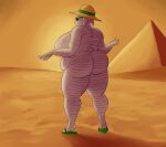 anthro big_butt bovid butt caprine clothing desert eyewear faust1173 female flip_flops footwear goat hat headgear headwear hi_res mammal mummy pyramid sandals shoes solo sun_hat sunglasses undead