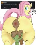  2021 absurd_res anus backsack balls blush bodily_fluids butt crossgender dialogue digital_media_(artwork) duo elewdfurs english_text equid equine feral fluttershy_(mlp) friendship_is_magic genitals hasbro hi_res looking_back mammal my_little_pony nude open_mouth pegasus penis rear_view simple_background sweat text wings 