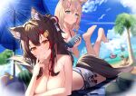  4girls animal_ear_fluff animal_ears bangs beach bikini bikini_bottom_only black_hair blue_bikini blurry blurry_background blush breasts brown_hair cat_ears cat_girl cleavage cloud cloudy_sky commentary_request day dog_ears dog_girl dog_tail error food fox_ears fox_girl fox_tail fruit green_eyes hair_between_eyes hair_ornament hairclip highres holding hololive hololive_gamers innertube inugami_korone long_hair looking_at_viewer lying medium_breasts miochun mugicho_(kdks5554) multicolored_hair multiple_girls nekomata_okayu ocean on_stomach ookami_mio outdoors palm_tree parasol ponytail purple_hair red_hair shirakami_fubuki short_shorts shorts sidelocks sky small_breasts streaked_hair swimsuit tail tree umbrella virtual_youtuber watermelon white_hair wolf_ears wolf_girl wolf_tail wrong_feet yellow_eyes 