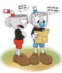 angry animate_inanimate argument bendy_straw biped black_clothing black_shirt black_topwear blue_bottomwear blue_clothing blue_nose blue_shorts bodily_fluids bottomwear brother_(lore) brothers_(lore) brown_clothing brown_footwear brown_shoes clothing container cosmicfarts cup cuphead_(character) cuphead_(game) dialogue drinking_straw duo english_text footwear for_a_head gloves grass grey_body grey_skin handle handwear hi_res humanoid male mug mugman not_furry object_head pie_cut_eyes plant red_bottomwear red_clothing red_nose red_shorts shirt shoes shorts sibling_(lore) simple_background small_nose studio_mdhr sweat sweatdrop text topwear toxic-boner twins_(lore) white_background white_clothing white_gloves white_handwear