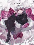  1girl absurdres black_pantyhose black_shirt choker frown full_body gem grey_choker grey_hair hand_up highres long_sleeves looking_at_viewer original pantyhose red_eyes red_gemstone shirt sitting skirt solo to/garashi white_footwear white_skirt 