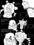 2026 3:4 ambiguous_gender ambiguous_human angry annoyed anthro antlers biped black_and_white black_background bodily_fluids clothed clothing comic deer deltarune dialogue dialogue_box digital_drawing_(artwork) digital_media_(artwork) duo english_text female female_anthro hair hi_res horn human impwolf666 kris_dreemurr long_hair mammal monochrome nervous new_world_deer noelle_holiday scared short_hair simple_background snout snowgrave sweat sweatdrop talking_to_another text undertale_(series)