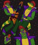 2023 absurd_res alligator alligatorid animatronic anthro belt belt_buckle bodily_fluids bottomwear bracelet buckle claws clothing countershade_jaw countershade_torso countershading crocodilian electric_guitar finger_claws fingerless_gloves five_nights_at_freddy's five_nights_at_freddy's:_security_breach footwear gloves golf_club green_body green_bottomwear green_clothing green_pants guitar hair handwear hi_res initials jewelry licking licking_lips licking_own_lips living_machine looking_at_viewer machine male markings mohawk montgomery_gator musical_instrument open_mouth open_smile pants pattern_background pecs pink_tongue playing_music plucked_string_instrument purple_clothing purple_eyelids purple_topwear purple_vest red_eyes red_hair reptile robot robot_joints saliva scalie scottgames segmented_body sharp_teeth shoulder_pads signature simple_background smile snout socks solo spiked_bracelet spiked_tail spikes spikes_(anatomy) spots spotted_body steel_wool_studios string_instrument striped_markings striped_tail stripes tail tail_markings teeth teeth_showing the4fandoms toeless_footwear toeless_socks tongue tongue_out topwear vest wristband