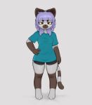 2026 3_toes 4_fingers absurd_res alice_(sleepbearhd) anthro athletic_wear biped bottomwear breasts clothed clothed_anthro clothed_female clothing digital_drawing_(artwork) digital_media_(artwork) fan_character feet felid feline female female_anthro fingers front_view fully_clothed fully_clothed_anthro fully_clothed_female gym_bottomwear gym_shorts hair hand_on_hip hand_on_own_hip hi_res looking_at_viewer mammal markings mole_(marking) mole_under_eye mouth_closed narrowed_eyes purple_hair shirt shorts simple_background sleepbearhd small_breasts solo standing tail toes topwear