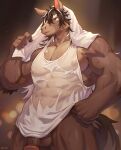 5_fingers abs absurd_res anthro balls barazoku big_muscles big_pecs biped black_hair black_nails bottomless bottomless_anthro bottomless_male brown_body brown_fur chinese_description clothed clothing colored_nails digital_media_(artwork) equid equine eyebrows facial_hair fingers fur genitals hair hi_res horse humanoid_hands male male_anthro mammal mostly_nude mostly_nude_anthro mostly_nude_male multicolored_hair muscular muscular_anthro muscular_male nails nipples orange_eyes pecs penis seamonsterping shirt sideburns solo tail tank_top topwear towel towel_on_head translucent translucent_clothing translucent_shirt translucent_tank_top translucent_topwear two_tone_hair wet wet_body wet_clothing wet_tank_top white_clothing white_eyebrows white_hair white_shirt white_tank_top white_topwear xuying xxl_woofia