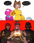 absurd_res alien anthro armor arthropod arzy_parzy big_breasts bodily_fluids breasts clothed clothing comic crossover curvy_figure democratic_bug dialogue dinosaur domestic_cat english_text felid feline felis female fully_clothed gameoverse glitch_productions gobbles_(gameoverse) group headgear helldivers helmet hi_res human hunter_(helldivers) insect kaboodle_(gameoverse) kit_bodega learnosaurus machine male mammal nervous nervous_sweat prehistoric_species red_eyes reptile robot scalie sweat terminid text voluptuous voluptuous_anthro voluptuous_female
