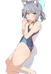 1girl absurdres animal_ears ass bangs bare_arms bare_shoulders barefoot blue_archive blue_eyes blush breasts cat_ears grey_hair hair_ornament halo highres looking_at_viewer one-piece_swimsuit parted_lips seihekiog shiroko_(blue_archive) simple_background small_breasts solo swimsuit thighs white_background 