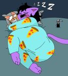 2026 anthro bed big_butt black_hair bodily_fluids burgerpants butt cat_tail catty_cattenheimer clothing deltarune domestic_cat drooling eyelashes felid feline felis female furniture gaster gesture group hair hi_res hug hugging_another itz_not_v male mammal messy_hair on_bed pajamas pillow pizza_pattern purple_body saliva sleeping sound_effects teeth tongue tongue_out toothy_grin trio undertale undertale_(series) vowelless vowelless_sound_effect waving zzz