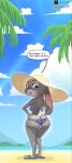 anthro artist_name beach big_butt bracelet breasts butt clothing cloud dialogue disney english_text european_rabbit eyelashes female flip_flops footwear hands_on_hips hat headgear headwear hi_res hill jewelry jhonart777 judy_hopps lagomorph leporid mammal open_mouth oryctolagus palm_tree patreon patreon_logo plant purple_eyes rabbit sandals scut_tail sea shoes short_tail side_boob sky skyscape solo speech_bubble sun_hat swimwear tail text tight_clothing tree twitter twitter_logo water wide_hips zootopia