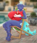  2022 absurd_res anthro arthropod blurred_background cake changeling clothed clothing dessert digital_media_(artwork) eyebrows eyes_closed female fingers food friendship_is_magic hasbro hi_res hole_(anatomy) hyperstorm_h my_little_pony one-piece_swimsuit outside sektiss swimwear 