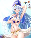  1girl alternate_costume andrew_(duel_angel) arm_behind_head arm_up armor armpits bikini bikini_armor bird blue_eyes blue_hair braid breasts cowboy_shot duel_monster eagle floowandereeze_&amp;_eglen floowandereeze_&amp;_robina floowandereeze_&amp;_snowl floowandereeze_&amp;_toccan griffin hat highres large_breasts long_hair looking_at_viewer navel ocean pointy_ears side_braid sling_bikini_top smile solo swimsuit toucan very_long_hair wandering_gryphon_rider water_enchantress_of_the_temple wizard_hat yu-gi-oh! 