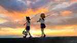  2girls ahoge black_hair black_socks blue_skirt brown_hair copyright_name dated fishing_rod fumi-a hat hodaka_natsumi holding holding_fishing_rod houkago_teibou_nisshi multiple_girls outdoors school_uniform short_hair short_sleeves skirt socks sunset tackle_box tsurugi_hina walking white_socks 