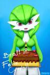  2019 3_fingers absurd_res ailin baterco birthday birthday_cake blue_background breasts cake candle dessert female fingers food gardevoir green_hair hair hi_res holding_cake holding_food holding_object humanoid looking_at_viewer medium_breasts nintendo not_furry open_mouth pok&eacute;mon pok&eacute;mon_(species) red_eyes signature simple_background solo spanish_text text video_games 